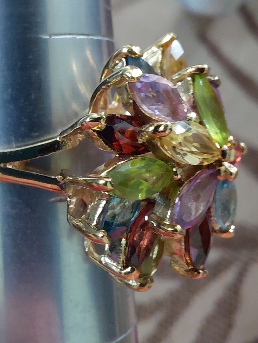 PAJ 925 Sterling gold Vermeil Multi Gemstone Flower Cocktail Ring Size 6.75 - Picture 5 of 7